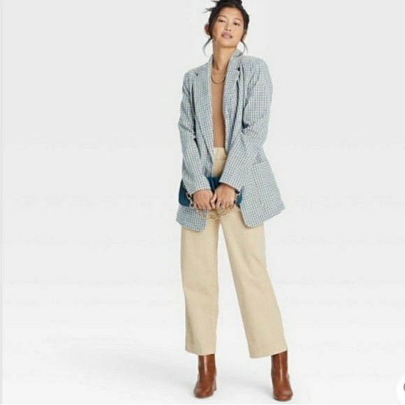 A New Day Oversized Plaid One Button Blazer Size L Pocket Blue Gray Academia NEW - Picture 15 of 15